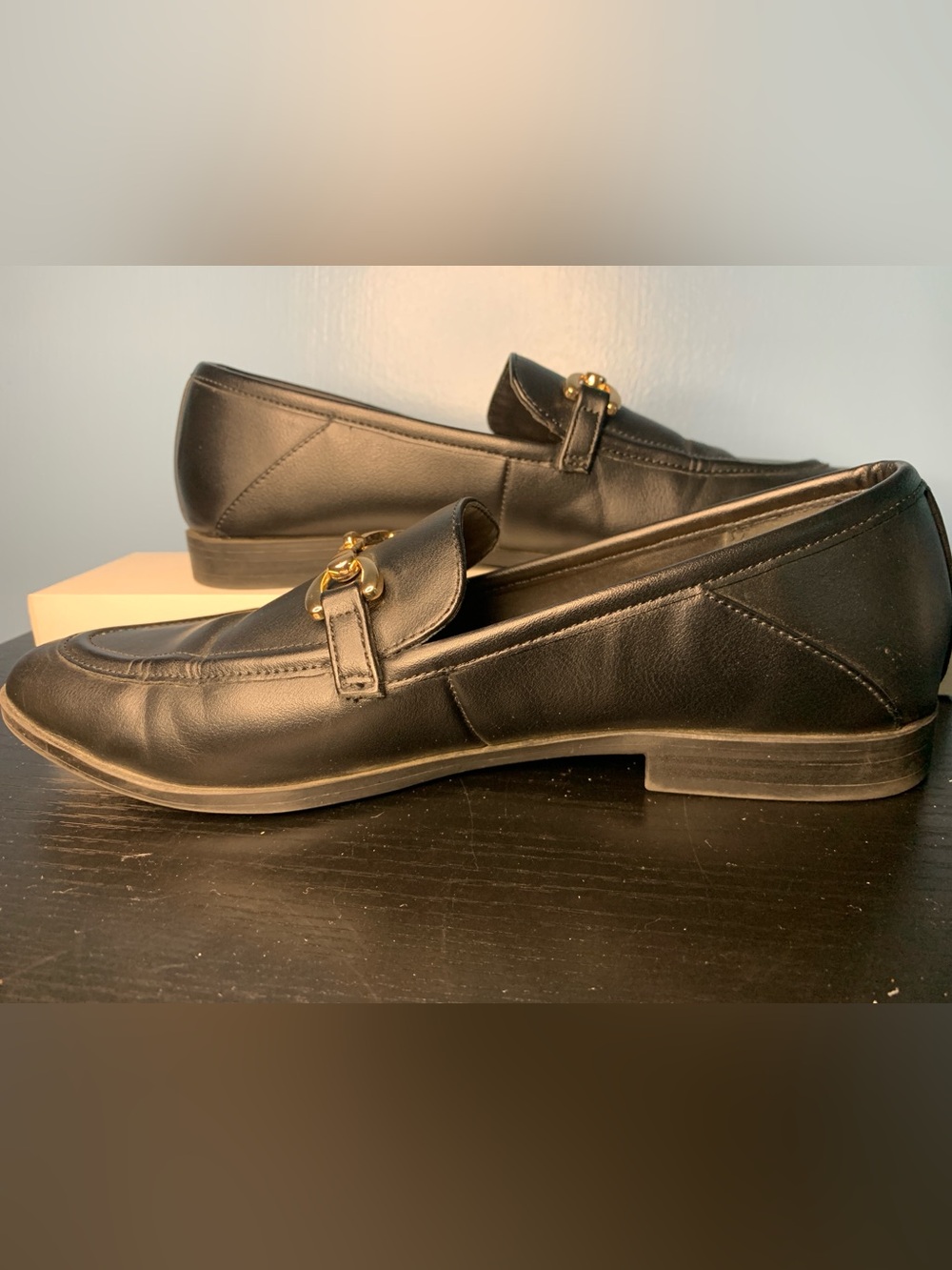 LOFT Black Leather Loafers with Gold Bit Hardware